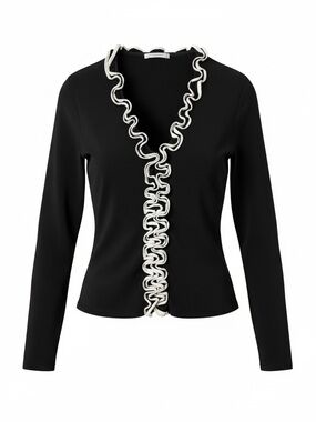 Anne Fontaine Parisian Black & White Ruffle Trim Long Sleeve Zip Front Size 42